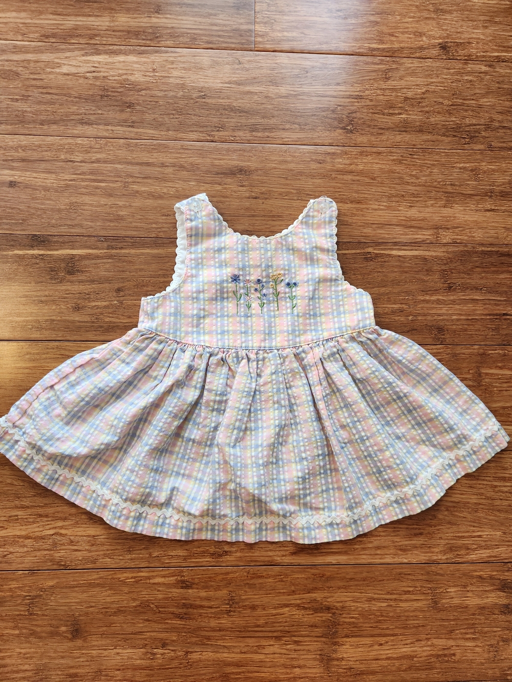 Vintage All Mine Pastel Plaid Girls Dress Embroidered Flower Detail, 12 Months